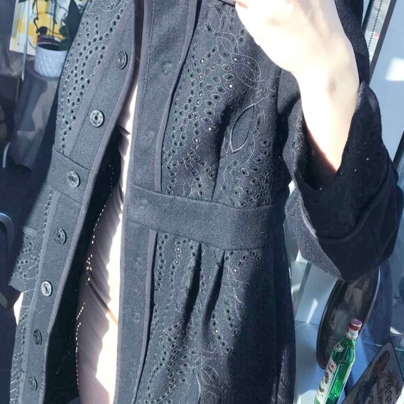 Floral Carved Wool Blend Maxi Coat: Black Punched Hole Jacket, Size M - Picture 2 of 8